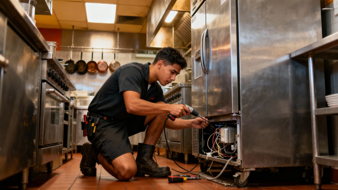 young latino repair man fixing commercial refrigerator