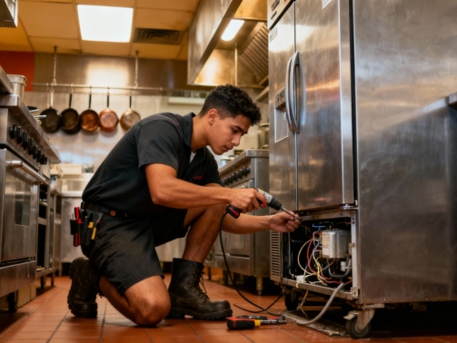 young latino repair man fixing commercial refrigerator